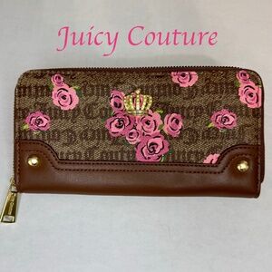 🌷Juicy Couture Zip Around Wallet/Cardholder/Pink Floral/Crown/Brown